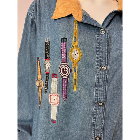 Vintage Bobbie Brooks Denim Button-Up Shirt With Embroidered Watches Plus Sz 24W - Picture 15 of 16